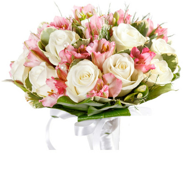 pink alstromerias, white roses and freesias