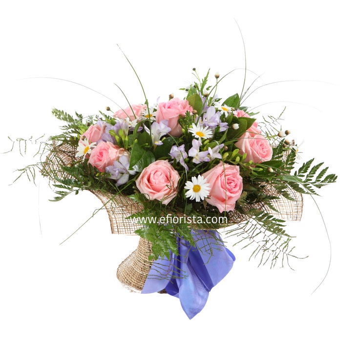 bouquet of pink roses and wildflowers